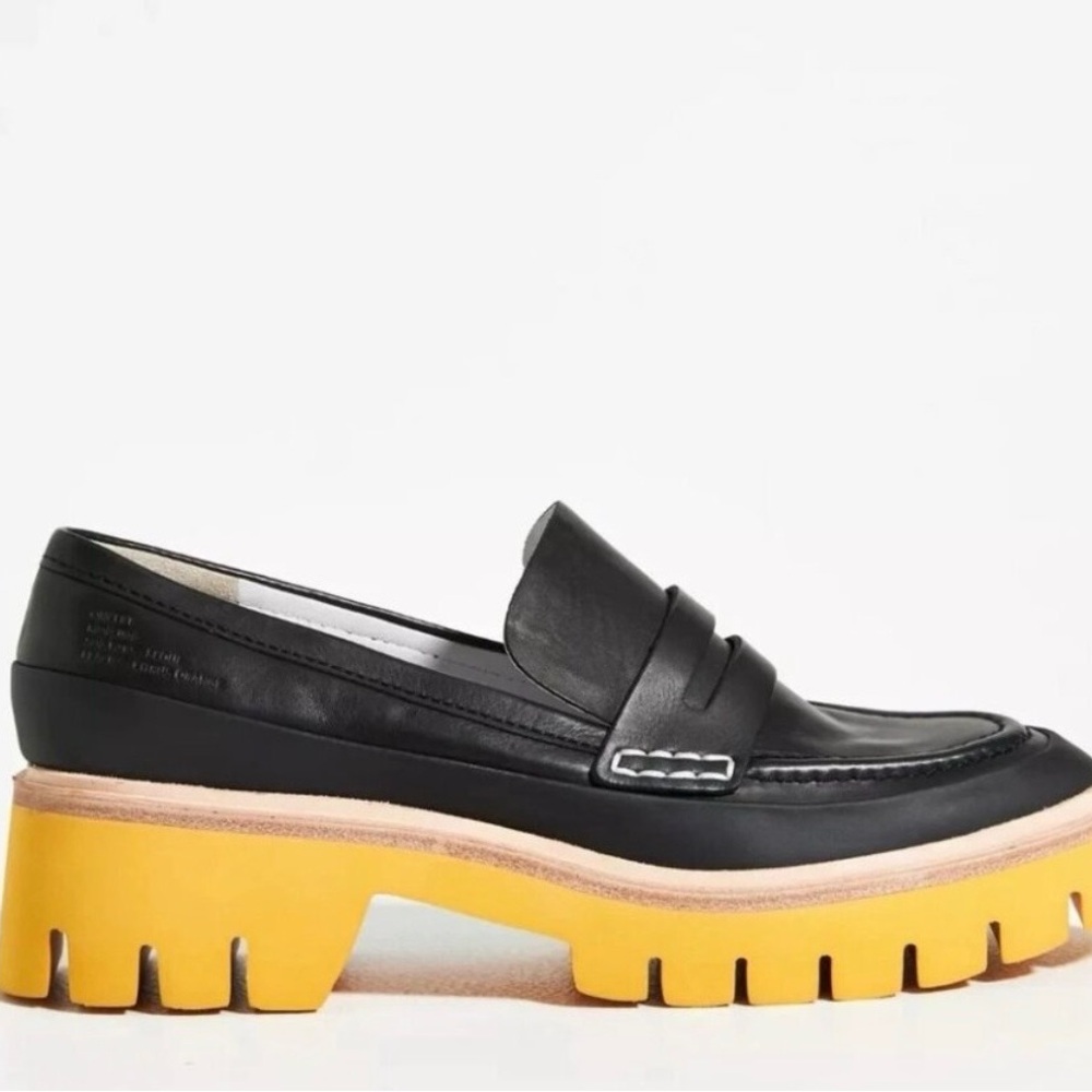 Black Leather Penny Loafer with Yellow Lug Platform Sole